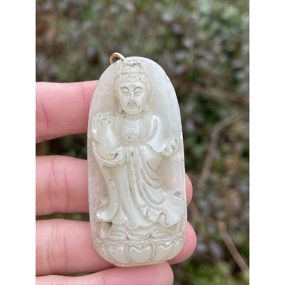 200ct Jade Vintage Jadeite Carved Pendant Necklace Buddha Estate Light Green - Picture 5 of 9